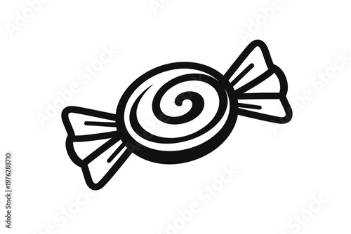 A black and white illustration of a wrapped candy with a swirl design on a white background