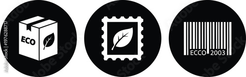 Eco Friendly Packaging Icons Set – Sustainable Shipping, Green Label, Barcode Symbol in Black Circle Vector