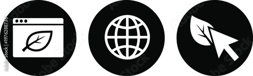 Eco-friendly web icons set with leaf, globe, and cursor symbols in black circular design