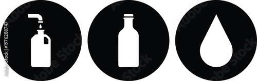 Minimalist Black and White Icons Set of Soap Dispenser, Bottle, and Water Drop for Hygiene and Packaging