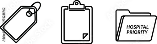 Vector of Administrative and organizational elements of healthcare management featuring price tag clipboard hospital priority folder illustration
