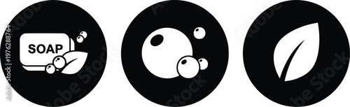 Black and White Soap, Bubbles, and Leaf Icons for Natural Cleaning and Eco-Friendly Products