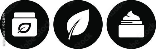 Natural Skincare Icons Set – Organic Cream, Leaf Symbol, Eco Beauty Product Vector Illustrations