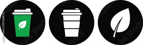 Eco Friendly Coffee Cup Icons Set with Leaf Symbol for Sustainable Packaging and Green Branding