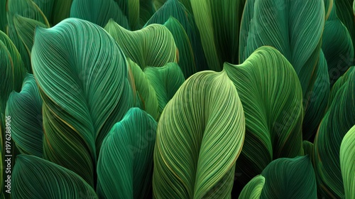 Dense overlapping arrangement of vibrant green foliage displays intricate parallel vein structures