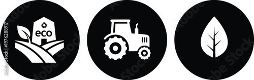 Eco Farm Agriculture Icons Set – Tractor, Organic Farming, Leaf Symbol, Black and White Vector