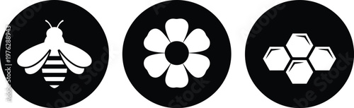 Bee, Flower, and Honeycomb Black Circle Icons Set for Nature and Organic Design Projects