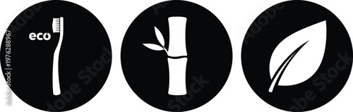 Eco Friendly Icons Set with Toothbrush, Bamboo, and Leaf Symbols for Sustainable Products