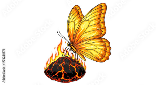 A vibrant orange butterfly perched on a flaming hot lava rock with yellow and orange flames rising from it