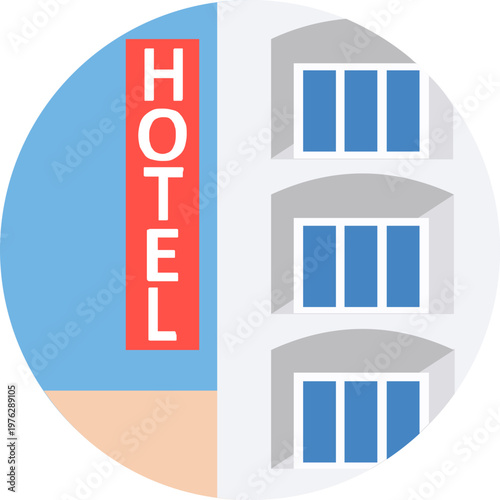 Hotel Building Icon on Circular Background, Accommodation Travel Flat Vector Illustration