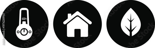 Eco-friendly home icons set with thermostat, house, and leaf symbols in black and white vector design