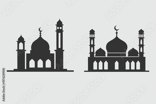 Realistic mosque silhouette set illustration. Isolated black of an Islamic mosques collection vector.
