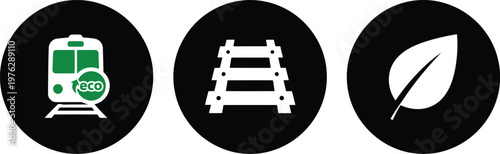 Eco-Friendly Train Transportation Icons Set with Railway Tracks and Green Leaf Symbols