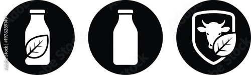 Black and White Organic Milk Bottle and Dairy Farm Icons for Eco-Friendly Food Labels and Packaging