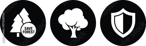 Black and White Forest Conservation Icons Set with Tree and Shield Symbols for Environmental Protection