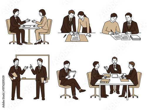 Legal service scenes, professional lawyers reviewing contracts and meeting clients in minimal office workspace