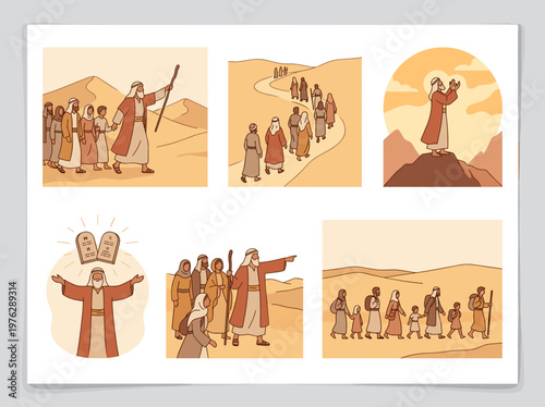 Moses biblical narrative set, prophet leading people through desert, flat vector illustration collection