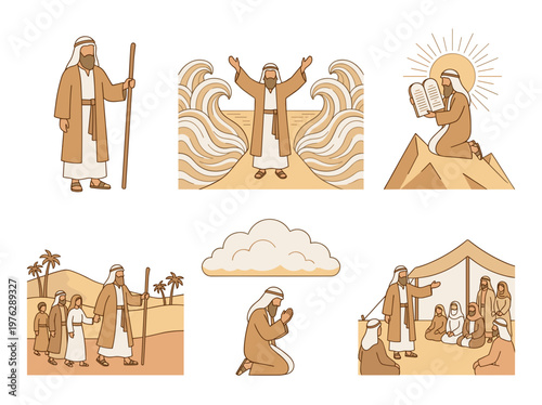Moses biblical character illustration set, historical desert scenes with parting sea and tablets