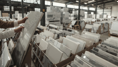 Close up of person hands selecting ceramic tile samples in warehouse showroom. Interior design and renovation concept with large variety of materials in industrial space.