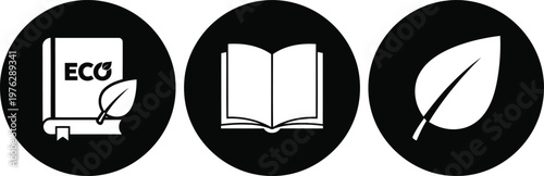 Eco friendly book icons set with leaf symbol, open book, and sustainability concept in black and white vector