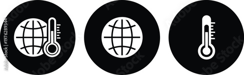Global warming and climate change icon set with thermometer and earth symbols in black circular design