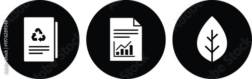 Sustainability and Eco Report Icons Set – Black Circular Environmental and Business Infographic Symbols