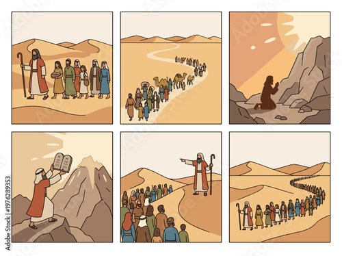 Moses leading people and parting sea, spiritual flat vector scenes for religious education