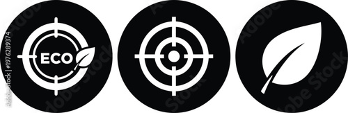 Eco Friendly Target Icons Set – Black Circular Environmental Symbols with Leaf and Target Elements