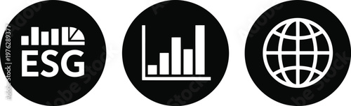 ESG analytics icons set, black and white circular symbols for sustainability, finance, and global business