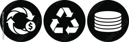 Black and White Circular Icons Set Featuring Recycling, Money Circulation, and Stack Symbols for Finance and Sustainability