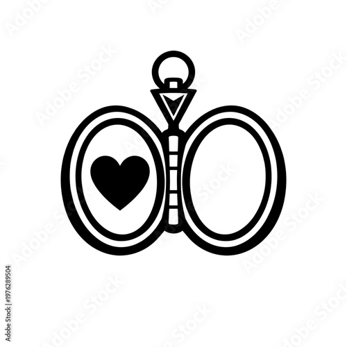 Black and white illustration of heart shaped locket on a chain, symbolizing love and romance in a minimalist style.