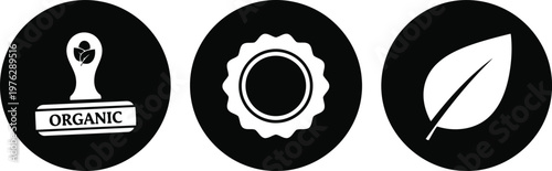 Organic certification icons set with eco leaf, quality badge, and natural product stamp in black circle vector
