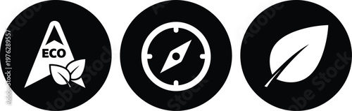 Eco friendly icons set with leaf, compass, and sustainability symbols in black circular design vector