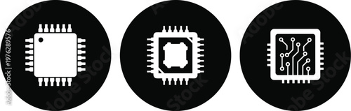 Black and white microchip icon set for technology, electronics, and circuit design applications