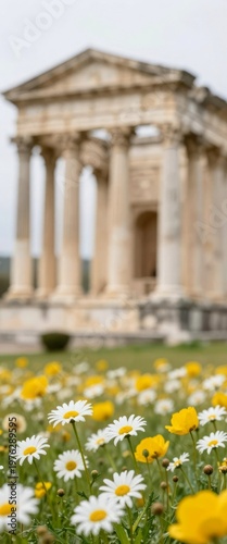 Ancient Roman temple of Evora in Alentejo with Corinthian columns. Historic ruins in Portugal with blooming wildflowers during spring season. Travel destination for cultural heritage.