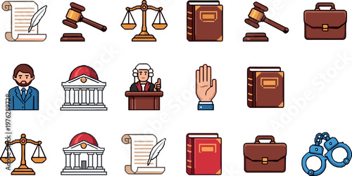Legal and Justice Icon Set Featuring Gavel, Scales, Courtroom, Lawyer, and Documents for Law, Court, and Legal Services Designs