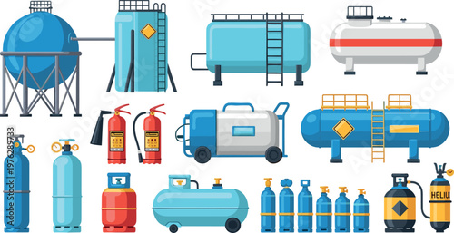 Industrial Gas Cylinder and Tank Set Featuring Fire Extinguishers, Gas Bottles, and Storage Units for Safety, Energy, and Manufacturing Designs
