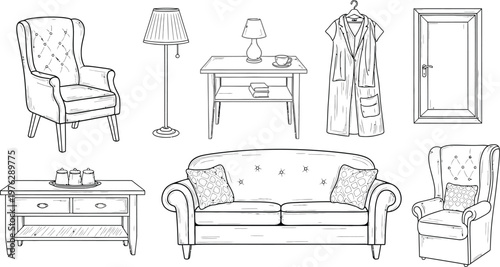 Elegant traditional living room furnishings and decor items illustrated in black and white Vector
