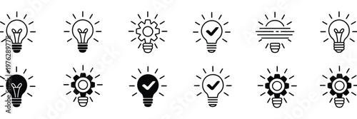idea lightbulb icon collection, inspiration creativity lamp vector icons for innovation, brainstorming and creative thinking design.