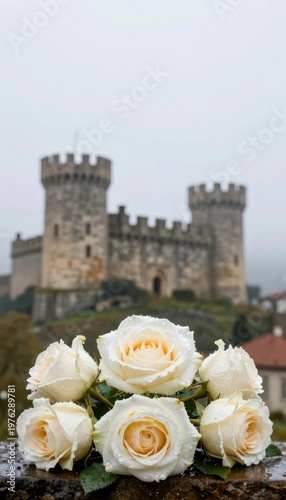 White roses with morning dew in front of Guimaraes Castle towers. Medieval granite fortress in Northern Portugal. Romantic background for wedding invitation or celebration of love.