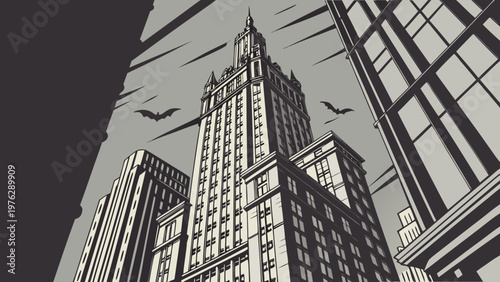 A black and white vector illustration of a Gothic-style skyscraper with flying bats
