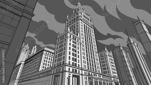 A black and white vector illustration of a city skyline with a prominent skyscraper and dark clouds