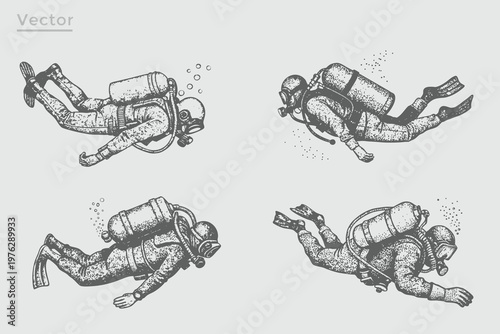 Diver in Vintage Engraving Style illustration. Realistic Diver vintage stippling photocopy effect. Grunge Retro The concept of sport diving.