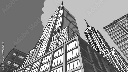 A black and white vector illustration of iconic skyscrapers in a cityscape