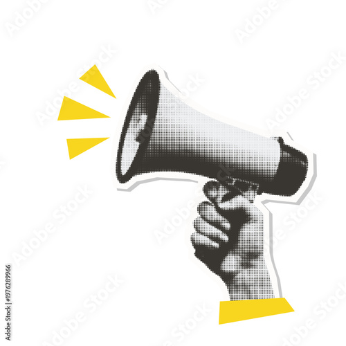 Halftone megaphone held by hand - vintage collage sticker element. Trendy retro 90s pop art style vector illustration with yellow sound waves and die-cut edge.