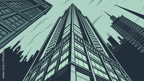 A modern cityscape illustration featuring a tall skyscraper with a minimalist design