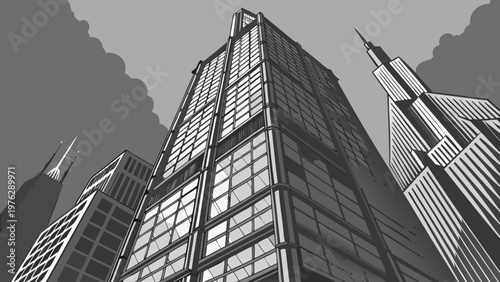 A black and white vector illustration of a cityscape with skyscrapers and cloudy sky