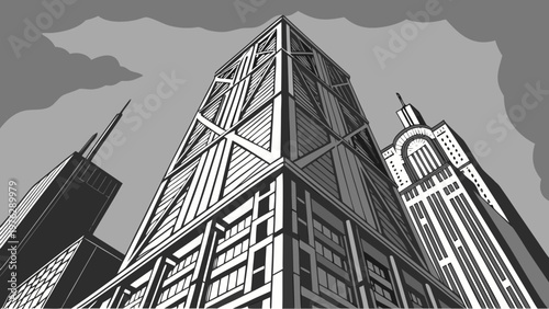A black and white vector illustration of a city skyline with skyscrapers