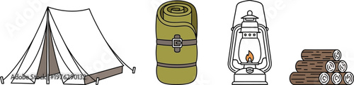 Essential camping gear set for outdoor adventures Vector