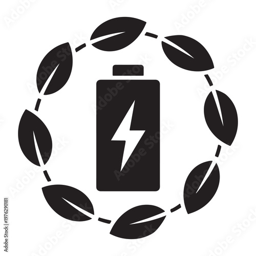 Eco friendly battery icon with leaf wreath symbolizing renewable energy and sustainability.